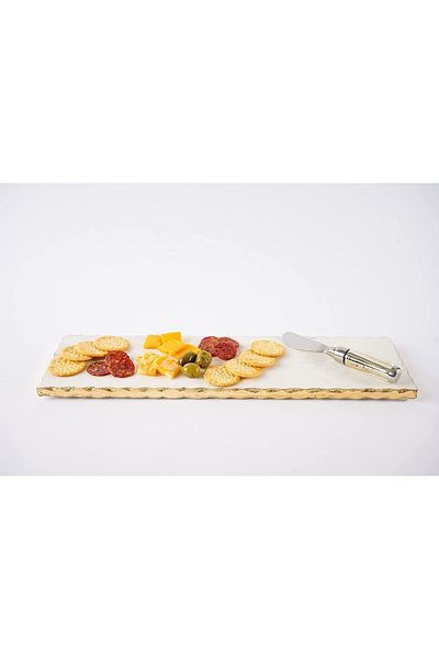 Sümeyra Marble Art Antique - White Marble Presentation Tray | 15x35cm | Gold |