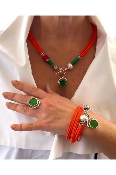 splashtakı 925 Ayar Gümüş Mercan Yeşil Akik Inci Doğaltaş Kolye Bileklik Küpe...