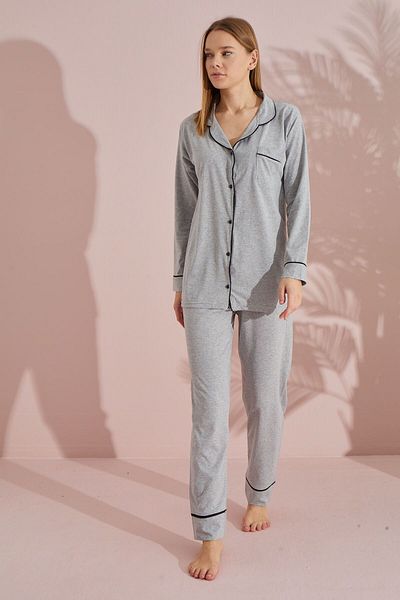 LİLA İÇ GİYİM Buttoned Cotton Long Sleeve Pajama Set