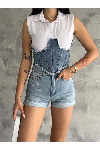 NEW JOURNAL Cămașă albă fără mâneci cu corset de jeans cu design special pentru femei Tll- 100052303