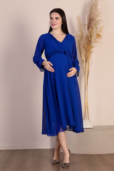 Azra Style Hamile Kruvaze Yaka Kuşaklı Şifon Elbise Yeni Sezon 8018 Saks Mavisi