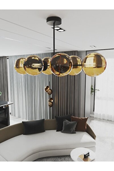 avizade Vella 6'lü Glop Bal Rengi Cam Detaylı Modern Lüks Avize