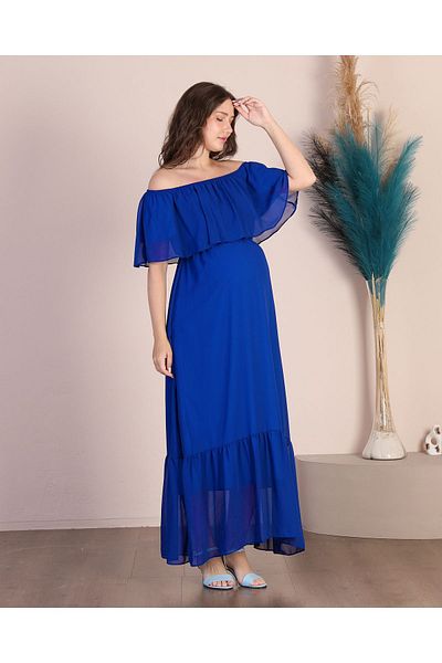 Azra Style Saks Blue Carmen Collar Ruffle Skirt Long Chiffon Dress 7009