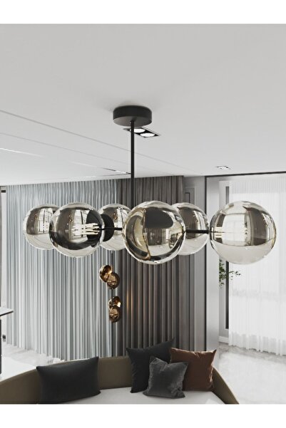 avizade Vella 6'lü Glop Füme Rengi Cam Detaylı Modern Lüks Avize