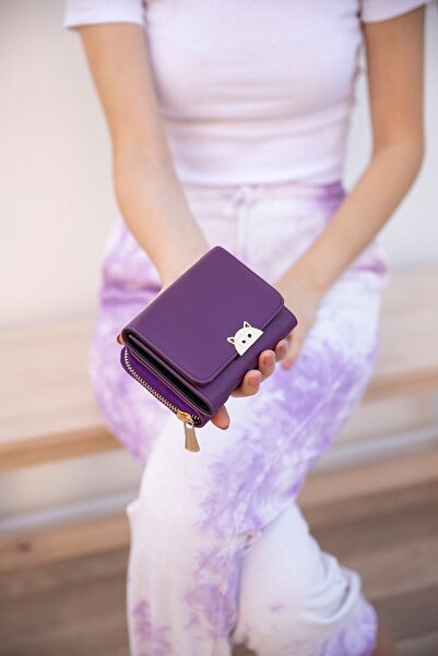 Erzeno Kadın Mor Kedi Aksesuarlı Cüzdan