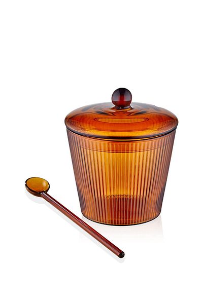 The Mia Amber 10x12 cm - Glass Striped Sugar Bowl with Spoon CAM0436