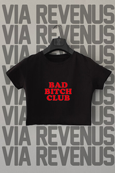 Vordevia Black Crop - Bad B*tch Club Printed, Slim Fit, Crew Neck, Lycra