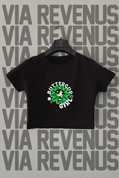 Vordevia PowerPuff Girls Buttercup Pattern - Crop Top negru din Lycra, guler rotund