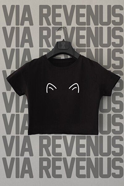 Vordevia Μαύρο Crop - Lycra, Slim Fit, Cat Print, Crew Neck