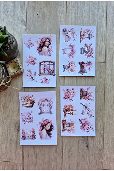 Mona Craftist 4 Sayfa 23 Adet Sakura Temalı Sticker Seti Sakura Pembe Kız Japon