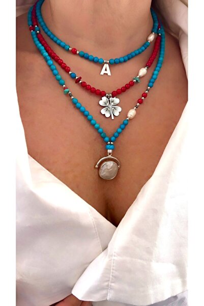 splashtakı 925 Ayar Gümüş Kolye Harf Yonca Sedef Inci Doğaltaş Kombin