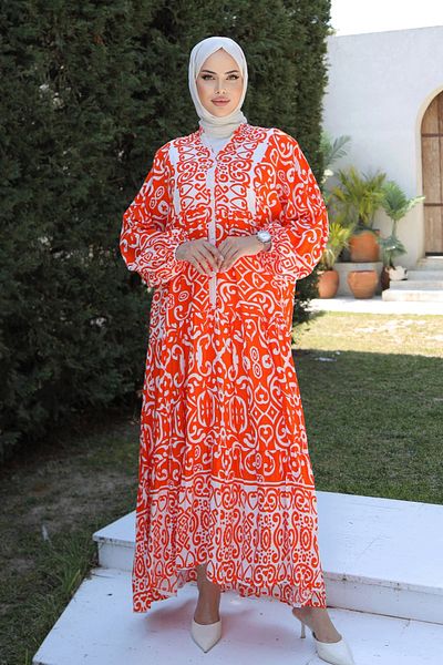 InStyle Ethnic Patterned Orange Viscose Dress