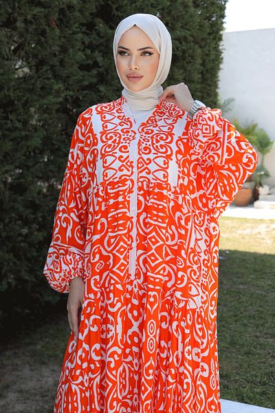 InStyle Ethnic Patterned Orange Viscose Dress