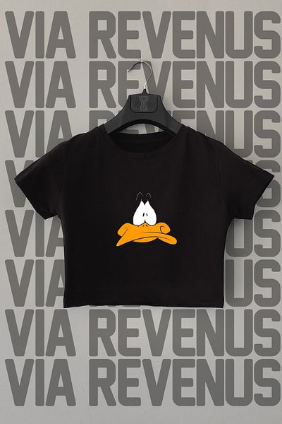 Vordevia Μαύρο Crop - Daffy Duck Printed, Slim Fit, Crew Neck, Lycra