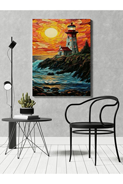 RUGSMODERN Kanvas Tablo Pastel Çizimli Deniz Feneri ve Gün Batımı Desenli Mod...