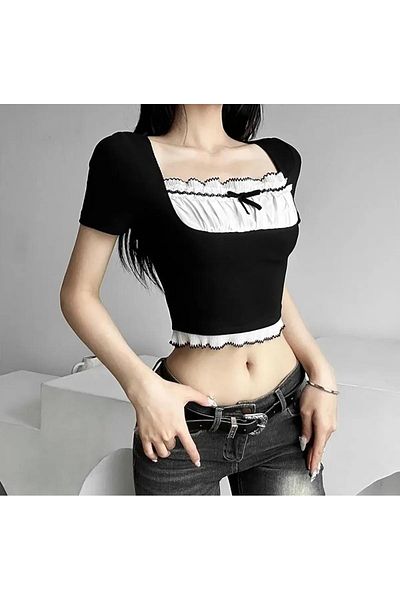 Touz Moda Y2K Streetwear - Retro Crop Top, Μαζευμένος γιακάς
