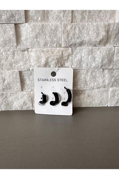 biralışveriş Black Steel Ring Set - 3-Piece Earrings