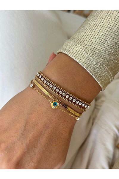 Lujo Gold Colored Steel Italian Chain Detailed Stone and Evil Eye Bracelet