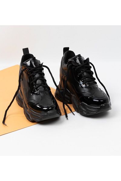 Elvis High-Sole Black Patent Leather Wedge Women's Sports Shoes