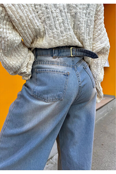 Favorim50ton Comfortable Baggy Jeans - Blue Buckle Detailed, Loose Fitting, Wide Leg Women's Trousers - Loose Chouze