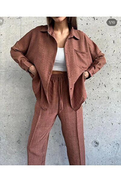 ZoeFlower Γυναικείο διπλό λινό πουκάμισο Παντελόνι στο κάτω επάνω μέρος Σετ κορδόνι