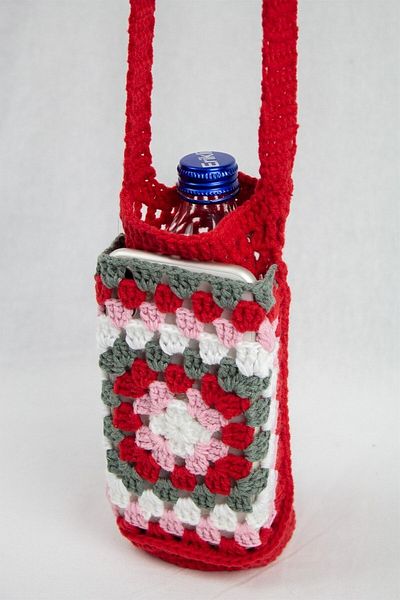 pulur.co Red Knitted Crochet Water Bottle And Phone Bag