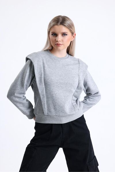 pulur.co Gray Melange Shoulder Detailed Crew Neck Sweatshirt