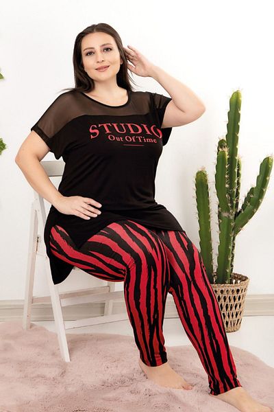 quilling Plus Size Red and Black Striped Patterned Pajamas Set - Lady 10957
