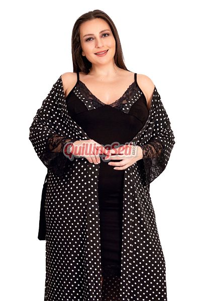 quilling Black Color Polka Dot Patterned Lady 19205 Sling Large Size Dressing Gown Nightgown Set