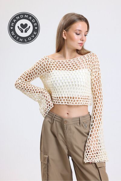 pulur.co Cream Hand Knitted Openwork Spanish Sleeve Crop Blouse