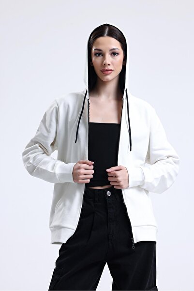 pulur.co Ecru 100% Cotton Zippered Cardigan with Hood