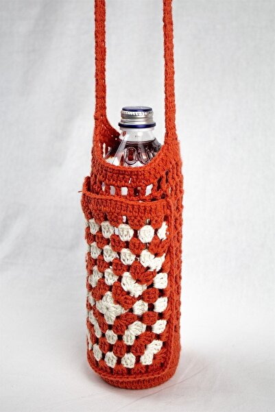 pulur.co Kiremit Rengi Kroşe Örgü Suluk Ve Telefon Çantası