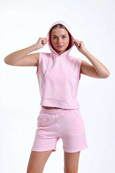 pulur.co Pembe Paça Detaylı Cepli Yüksek Bel Kısa Sweat Şort