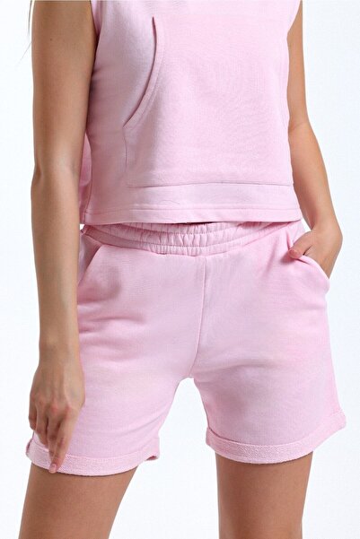 pulur.co Pembe Paça Detaylı Cepli Yüksek Bel Kısa Sweat Şort
