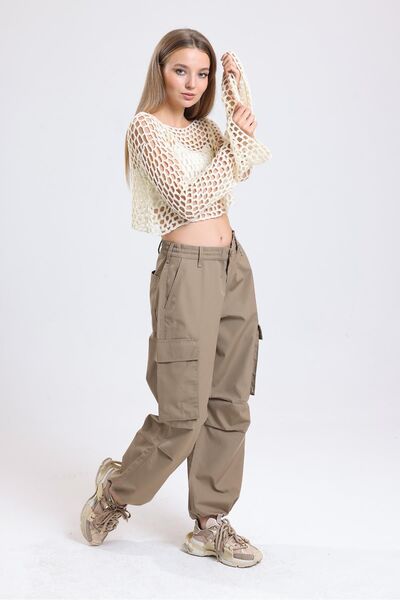 pulur.co Camel Yüksek Bel Wide Leg Kabanlık Gabardin Kargo Pantolon