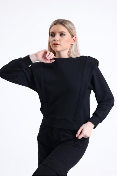 pulur.co سترة سوداء الكتف مفصلة طاقم الرقبة