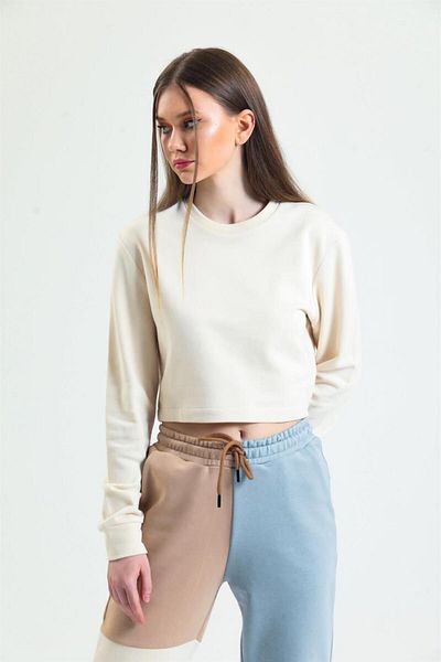 pulur.co Cream Crew Neck Crop Sweatshirt