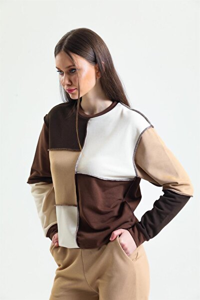 pulur.co البلوز قطعة الأساسية البني المرقعة