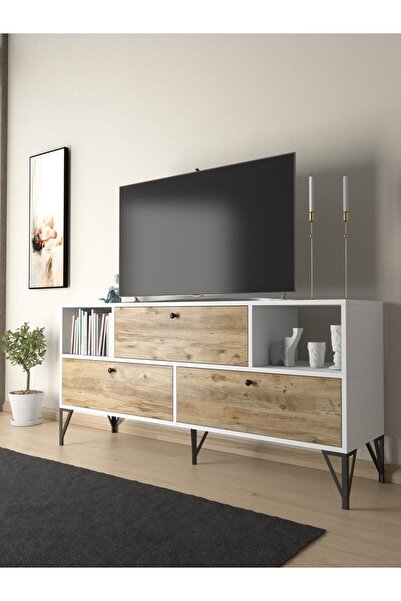 Wood'n Love Mia 160 Cm Metal Ayaklı Tv Ünitesi - Konsol - Beyaz - Atlantik Ça...