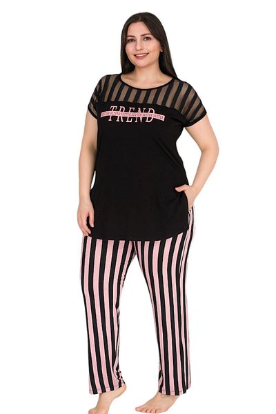 quilling Lady 10772 - Black and Pink Striped, Short Sleeve Large Size Women's Pajamas Set