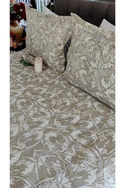 Konyaaltı Çeyizevi Çift Kişilik Yatak Örtüsü Takımı Bej Renk Yaprak Desenli