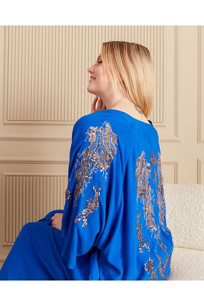 BeyzaBayram Saks Blue Viscose Long Dress - Sequin Embroidered, Buttoned and Oversize Loose Plus Size
