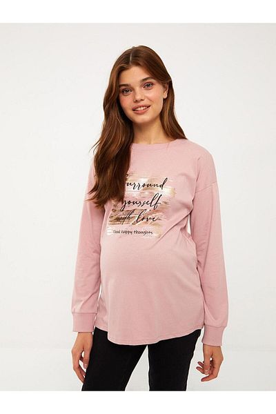 LC Waikiki Tricou de maternitate din bumbac cu mânecă lungă, imprimat cu gâtul de maternitate LCWAIKIKI