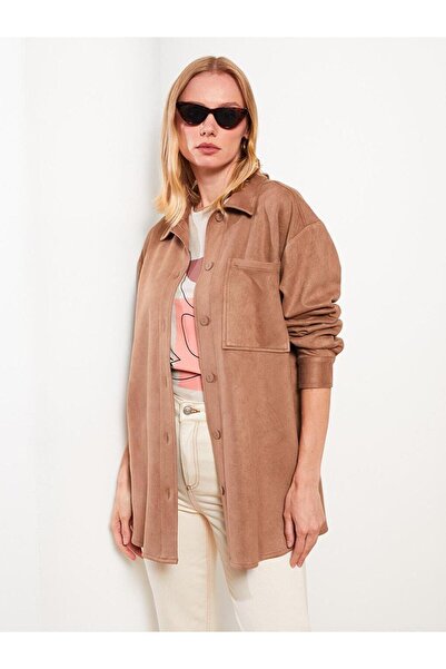 LC Waikiki LCWAIKIKI Classic Gömlek Yaka Düz Uzun Kollu Süet Kadın Mont