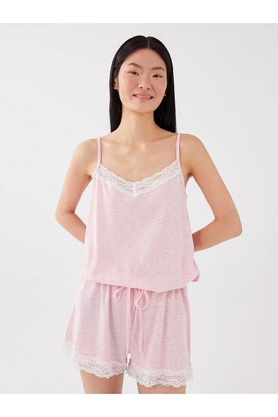 LC Waikiki Salopetă de damă cu bretele, cu decolteu în V, cu dantelă, cu pijama scurtă