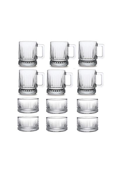 Paşabahçe Elysia 12 Piece Mug with Handle, Cup and Snack Bowl Set Tea Snack Set