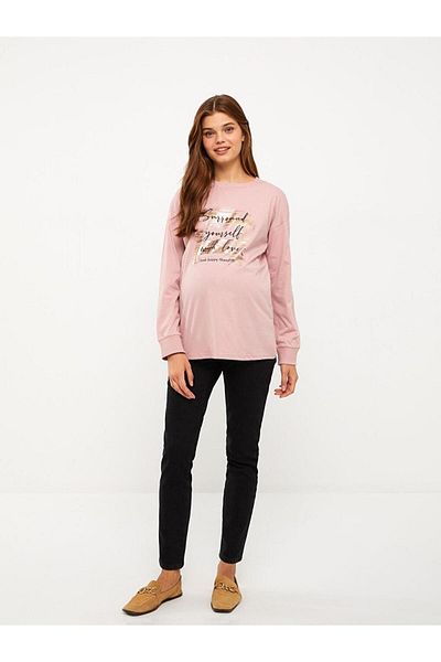 LC Waikiki Tricou de maternitate din bumbac cu mânecă lungă, imprimat cu gâtul de maternitate LCWAIKIKI