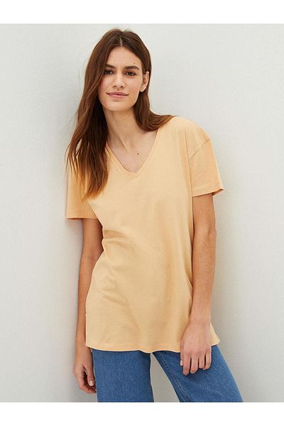 LC Waikiki Γυναικείο μπλουζάκι LCWAIKIKI Basic V λαιμόκοψη μονόχρωμο κοντομάνικο βαμβακερό