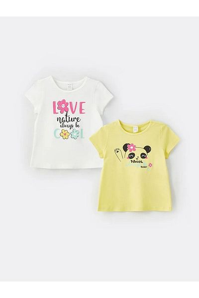 LC Waikiki Lcw Baby Crew Neck Short Sleeve Printed Baby Girl T-Shirt, Pack of 2