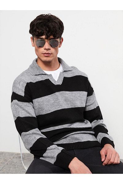LC Waikiki Ανδρικό φούτερ με μακρυμάνικο ριγέ LCW Casual Polo λαιμόκοψη